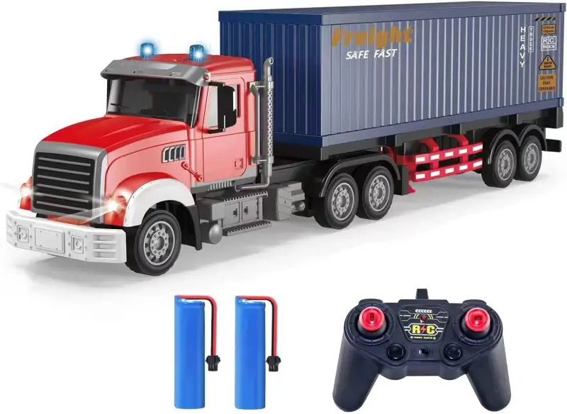 RC Semi Truck with Trailer - 22.5 Inch Toy for Kids, Carrier Van Transport Vehicle with 2 Rechargeable Batteries, 1:24 Container Truck with LED Lights & Music, Great Gift For Boys & Girls
