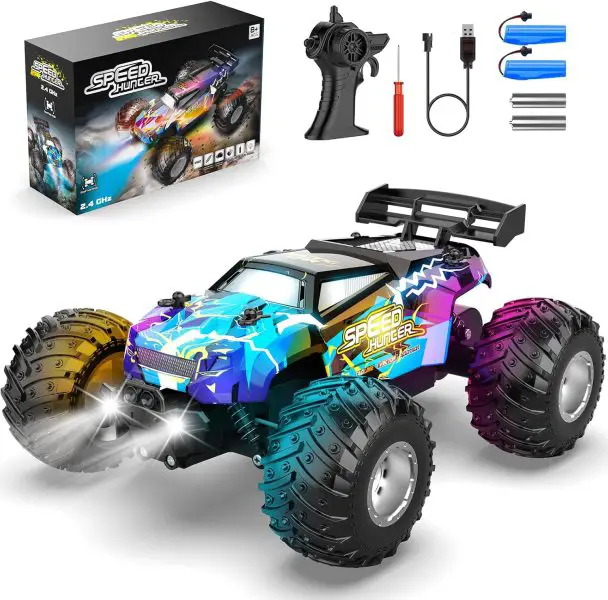 Remote Control Car, All Terrain Remote Control Truck for Boy, 2.4GHz Rc Car with Bodylight and Two Rechargeable Batteries, 20KM/H Monster Truck Toys