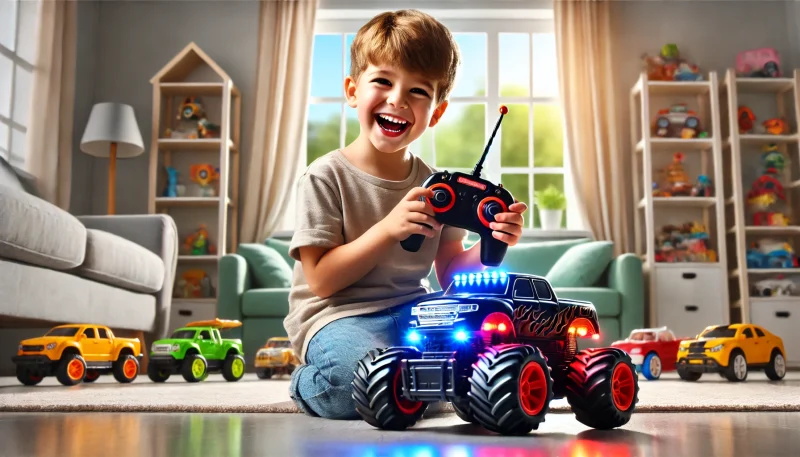 a boy playing with a remote control car