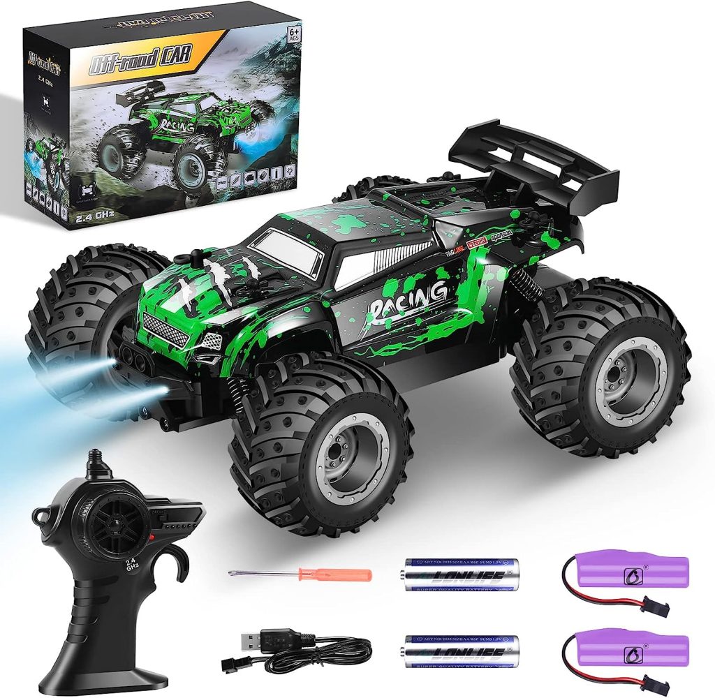 RC Cars,All Terrain Remote Control Car,2WD 2.4 GHz Off Road High Speed 20 Km/h RC Monster Truck Racing Cars with LED Headlight and Two Batteries, Xmas Gifts for Kid and Adults
